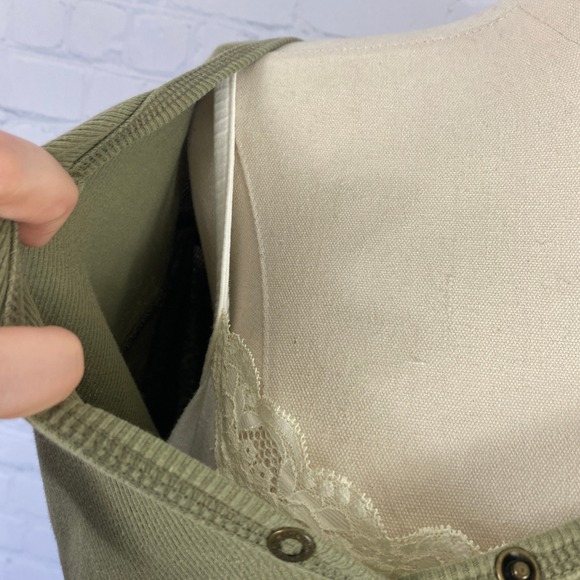 ⭐ 3/$15 Vintage Y2K Sonoma XL 100% Cotton Olive Green Ribbed Cami Lined Henley - Picture 5 of 8